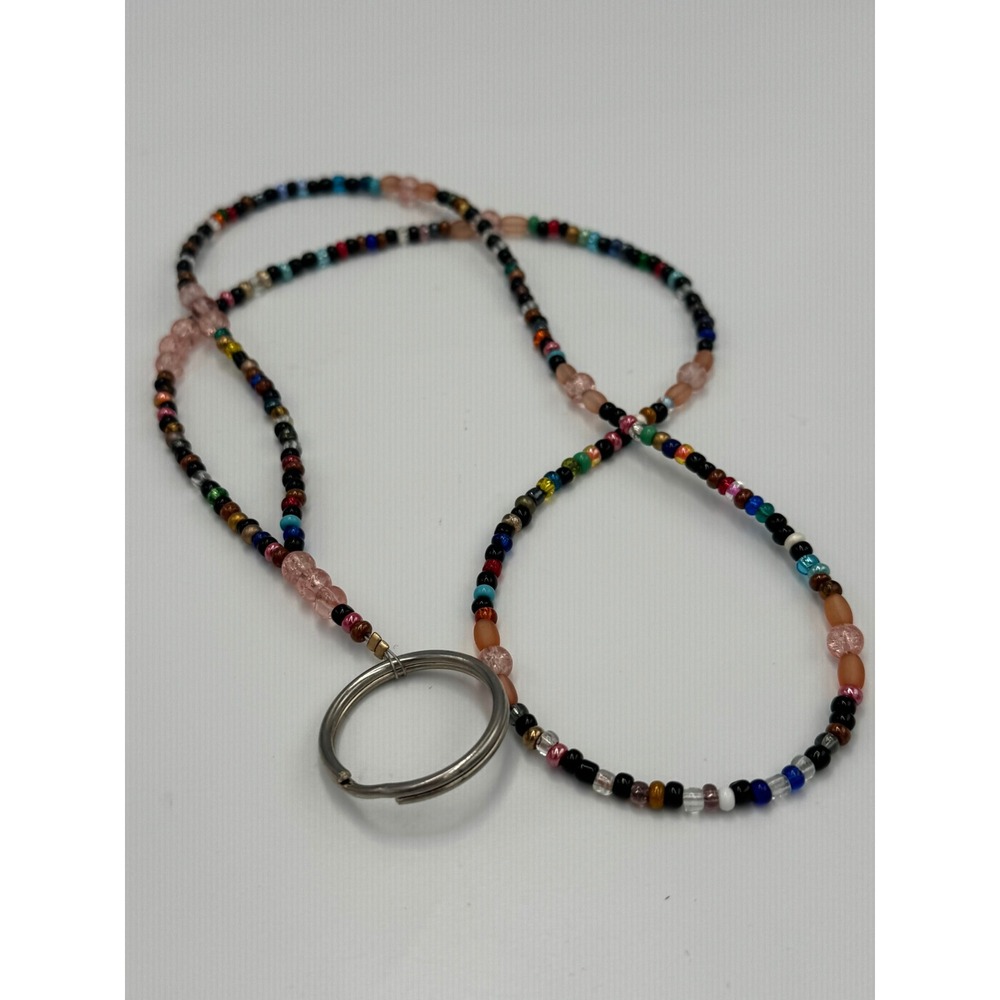 Handmade Multi-Color Beaded Lanyard Badge Holder Pink Crackle Glass Seed Beads